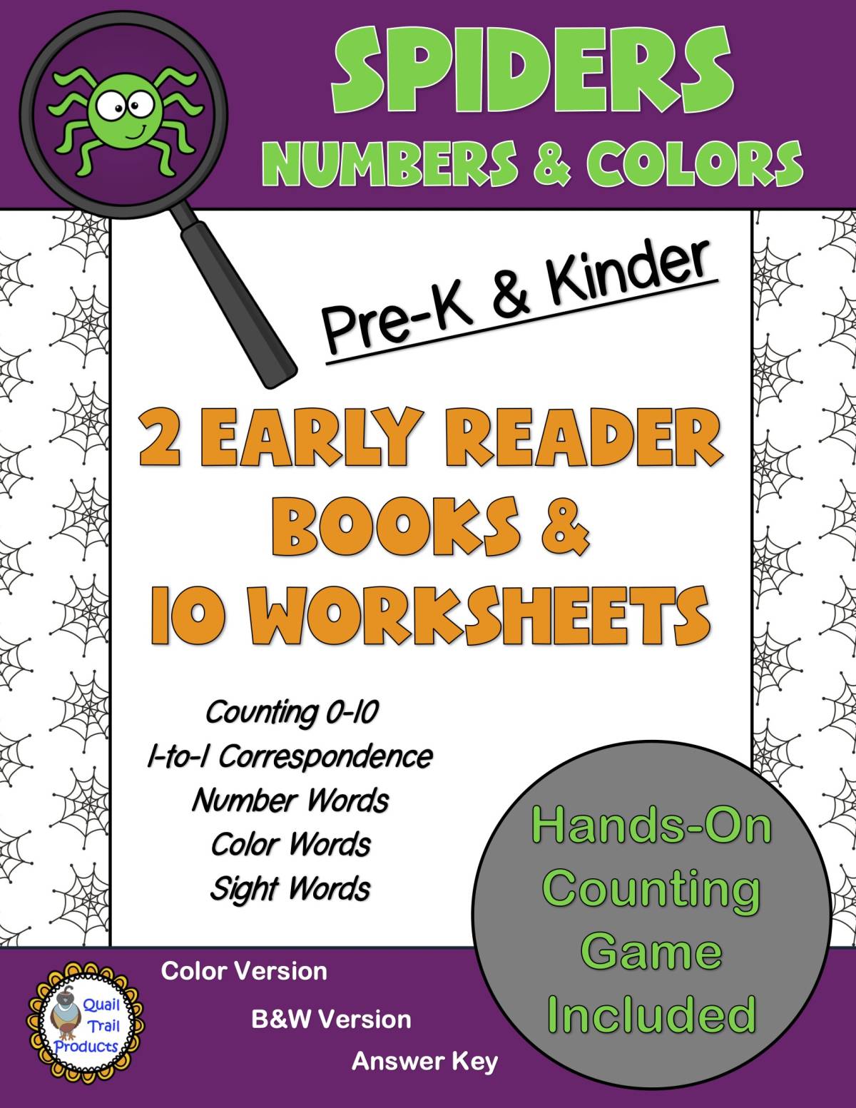 An educational teaching resource from Quail Trail Products entitled SPIDERS - Numbers 0-10 & Colors Mini Books and Worksheets downloadable at Teach Simple.