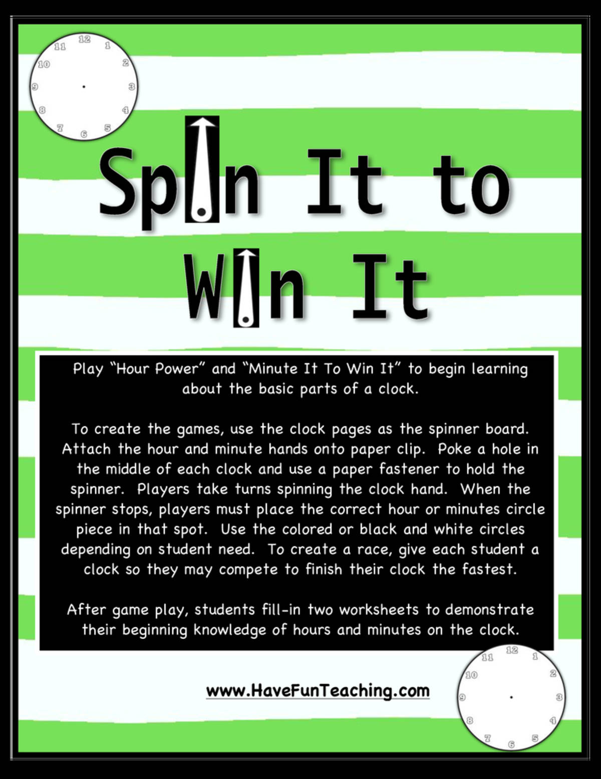 An educational teaching resource from Have Fun Teaching entitled Spin It to Win It Telling Time Activity downloadable at Teach Simple.