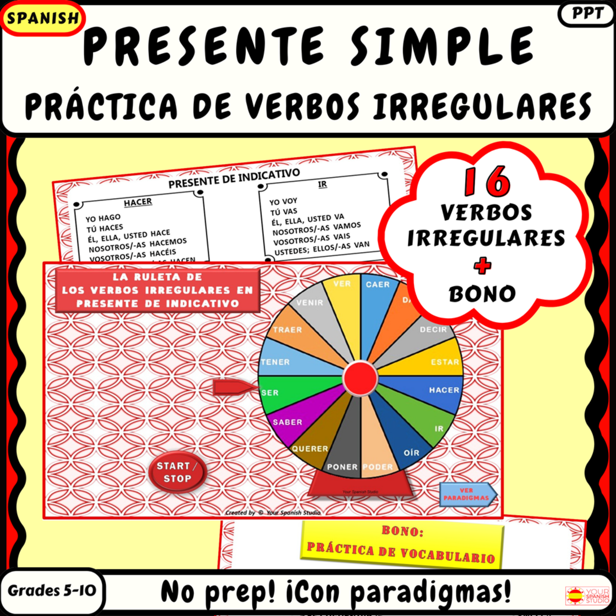An educational teaching resource from Your Spanish Studio entitled Spin to Conjugate: Spanish Irregular Verbs in Present La ruleta downloadable at Teach Simple.
