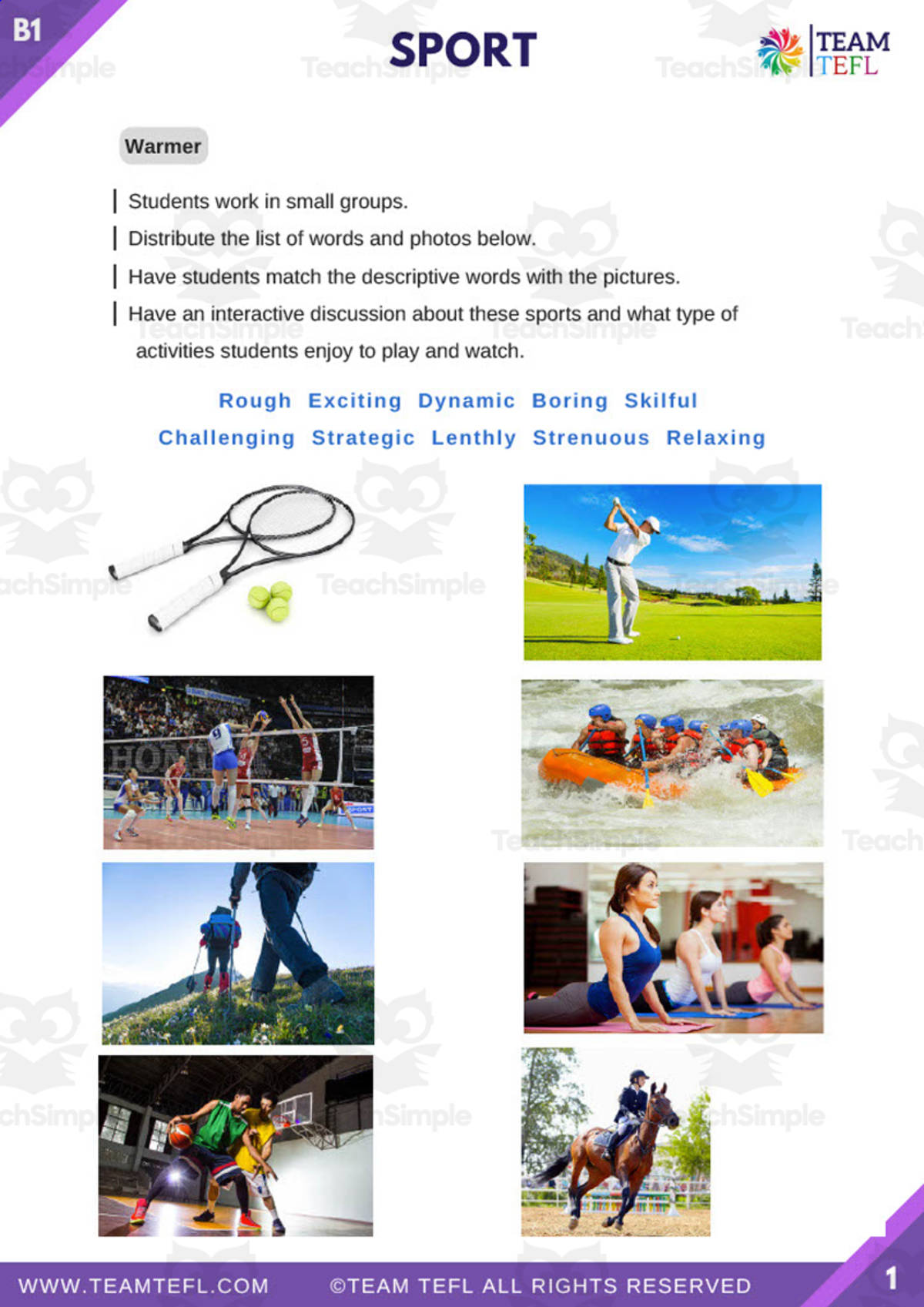 An educational teaching resource from TEAM TEFL entitled Sport Intermediate Lesson Plan downloadable at Teach Simple.