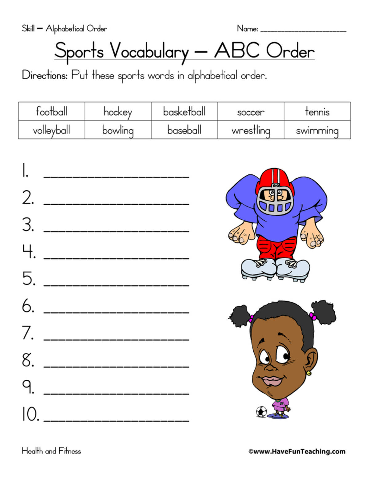 An educational teaching resource from Have Fun Teaching entitled Sports Alphabetical Order Worksheet downloadable at Teach Simple.