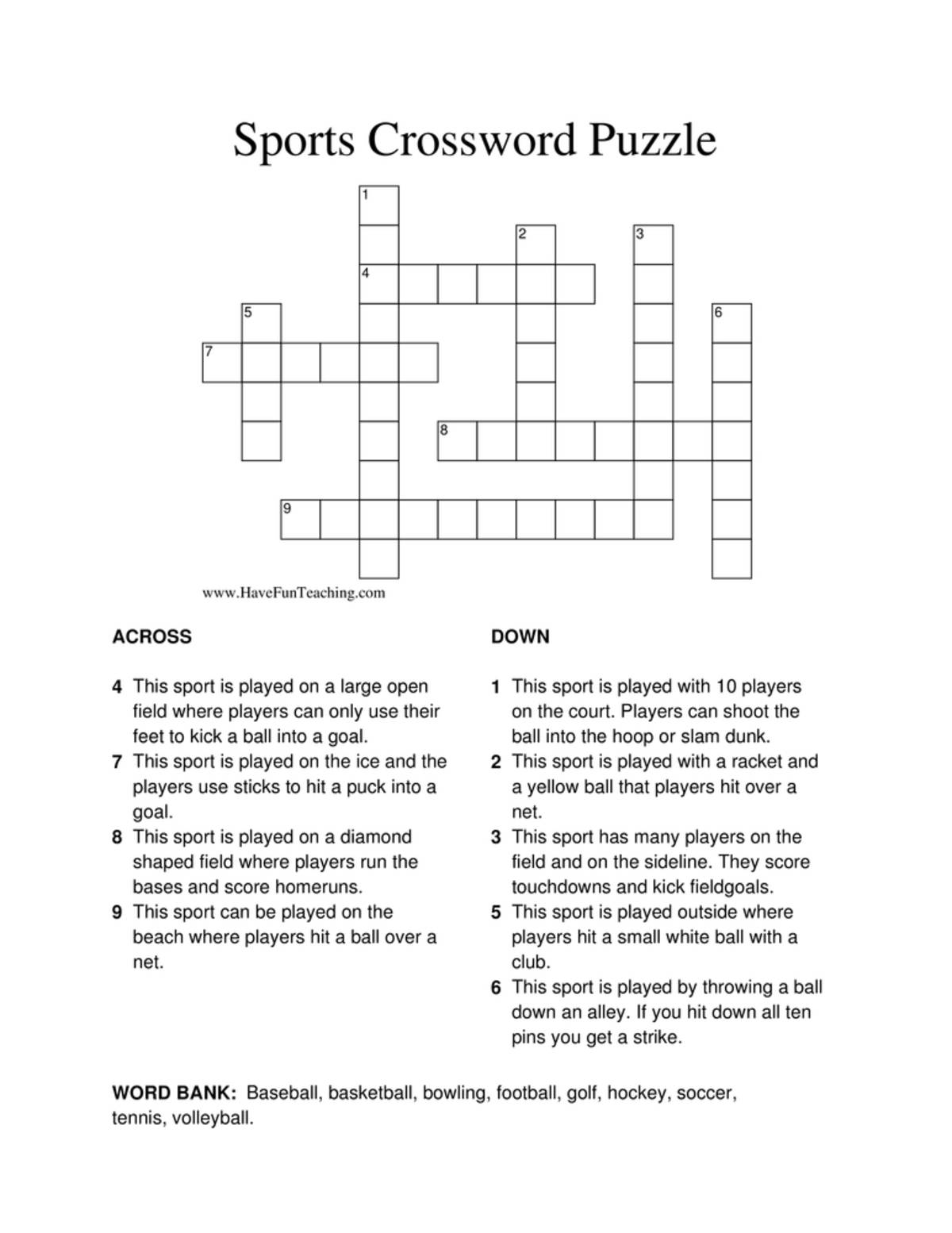 An educational teaching resource from Have Fun Teaching entitled Sports Crossword Puzzle downloadable at Teach Simple.