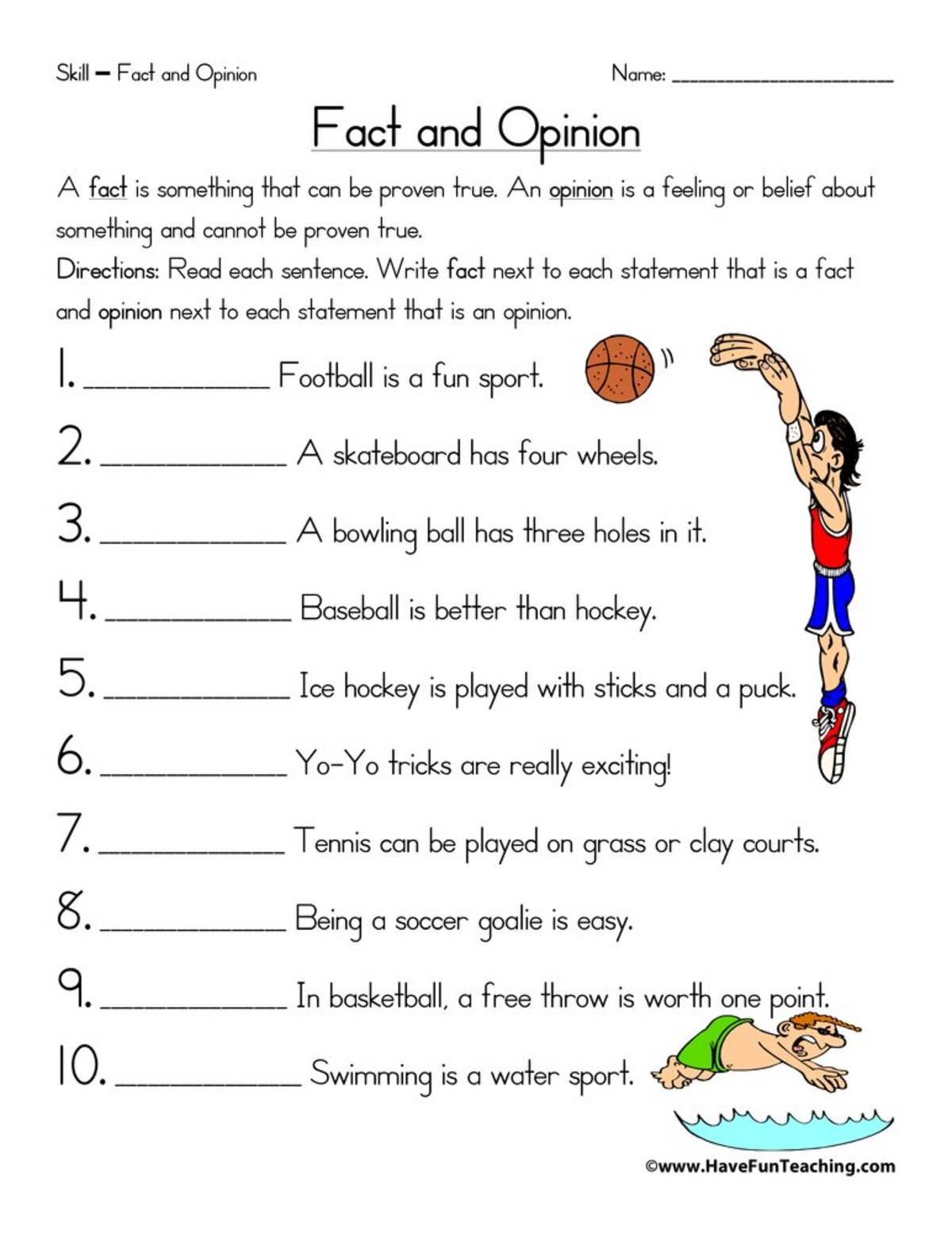 An educational teaching resource from Have Fun Teaching entitled Sports Fact and Opinion Worksheet downloadable at Teach Simple.