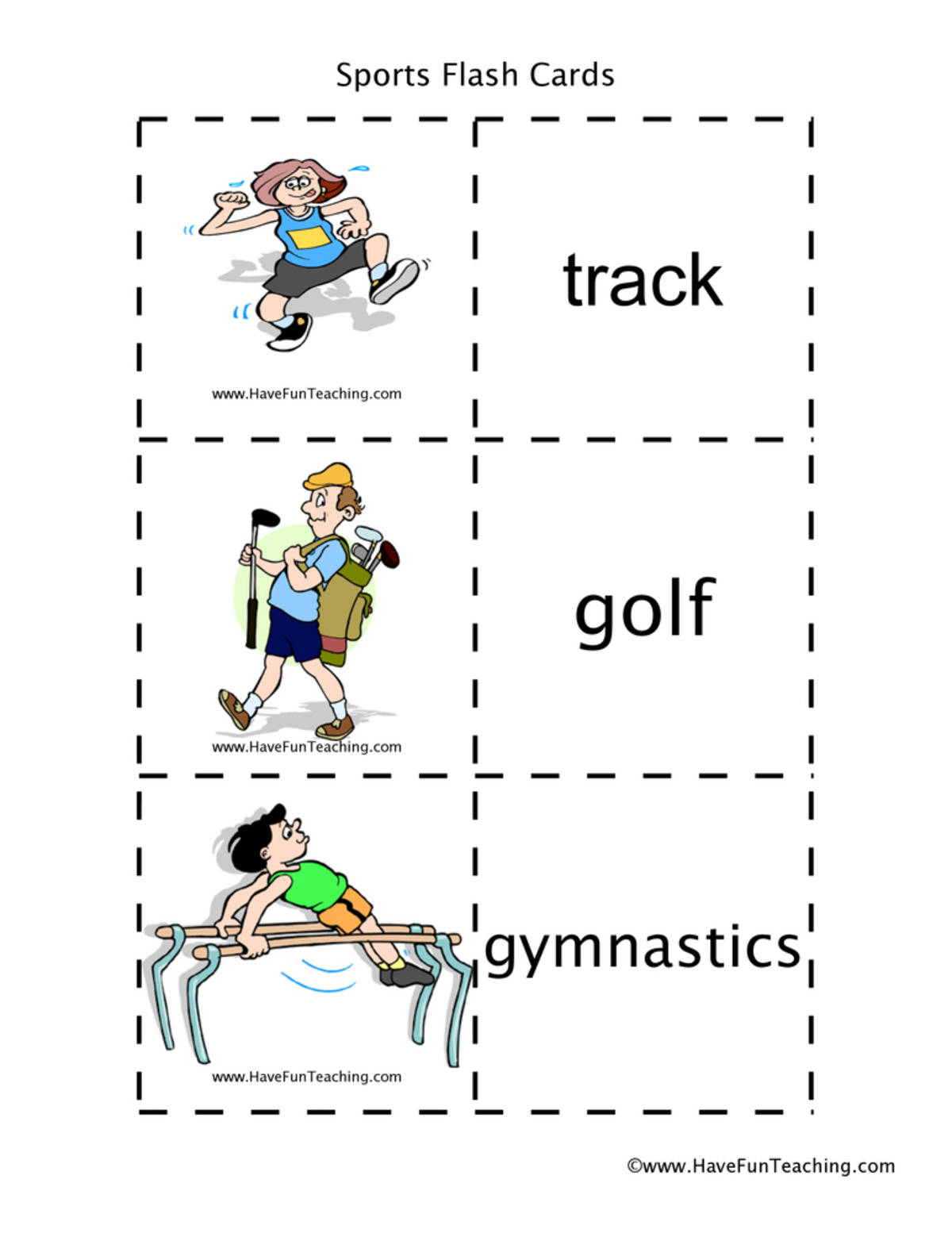 An educational teaching resource from Have Fun Teaching entitled Sports Flash Cards downloadable at Teach Simple.