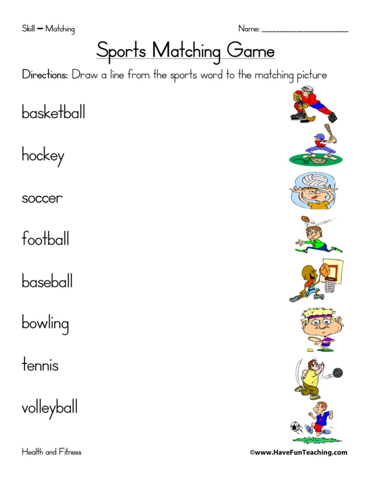 An educational teaching resource from Have Fun Teaching entitled Sports Matching Worksheet downloadable at Teach Simple.