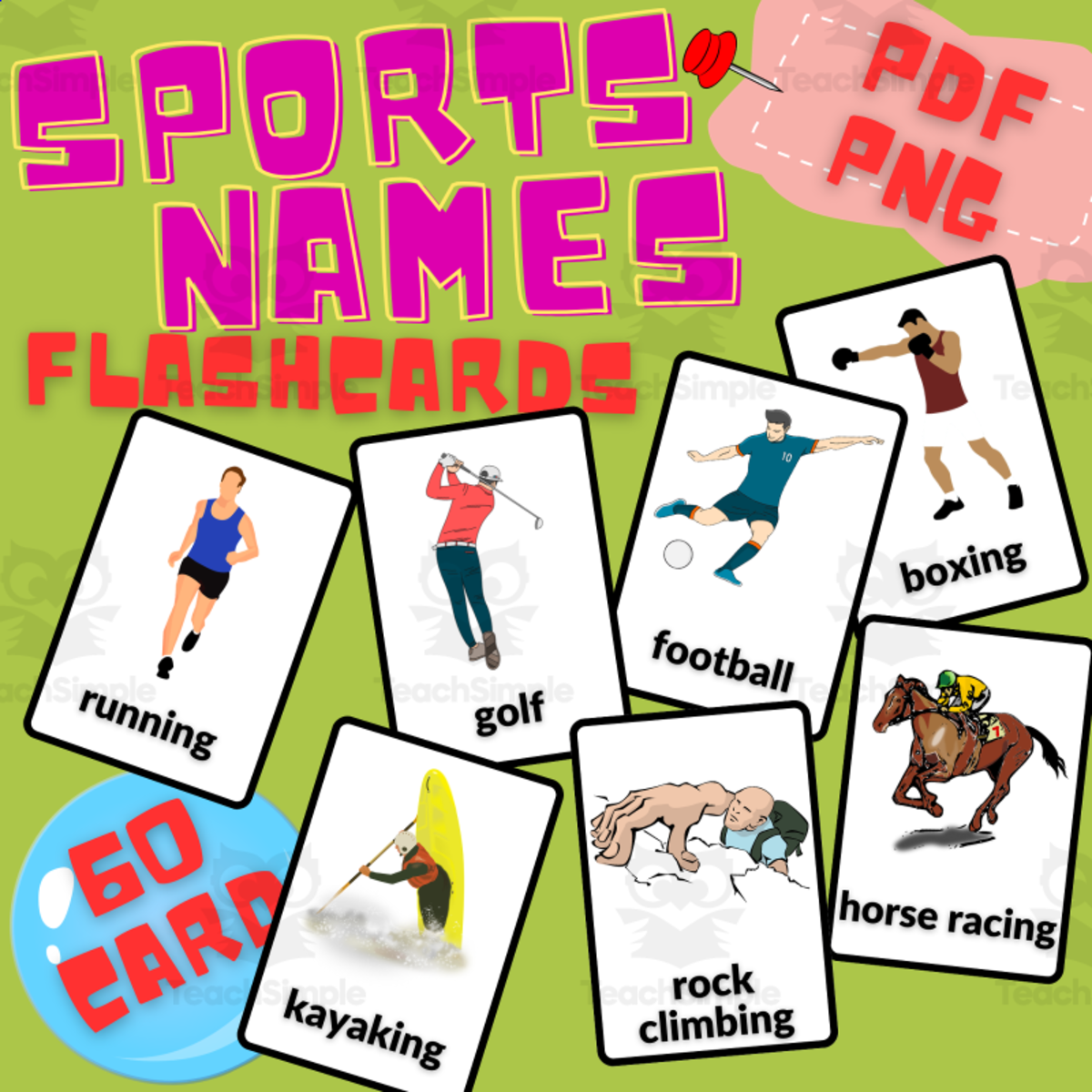 An educational teaching resource from Homeschoolingprints entitled Sports Names Flash Cards Printable In English downloadable at Teach Simple.