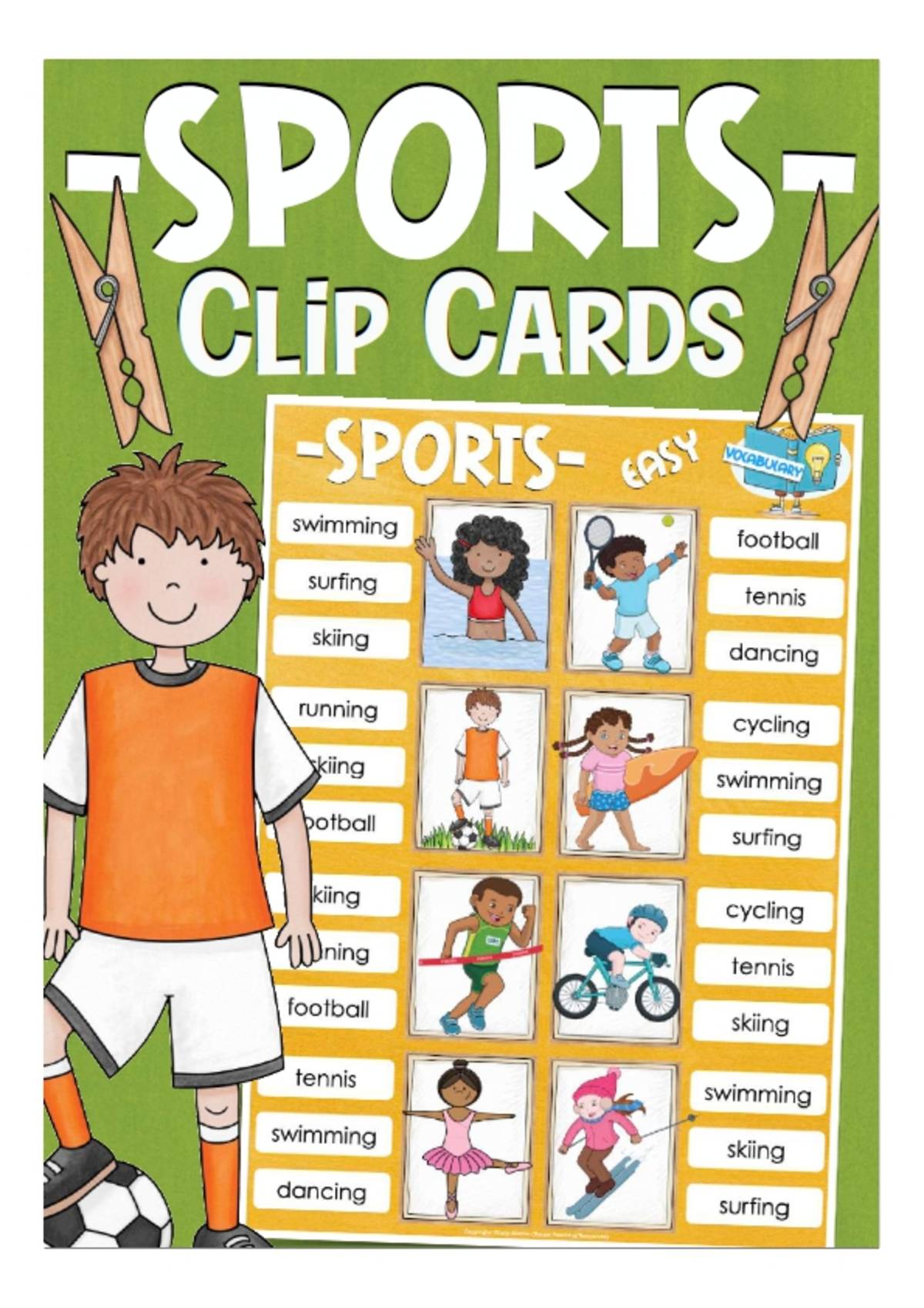 An educational teaching resource from Better Teaching Resources entitled Sports Vocabulary Clip Cards downloadable at Teach Simple.