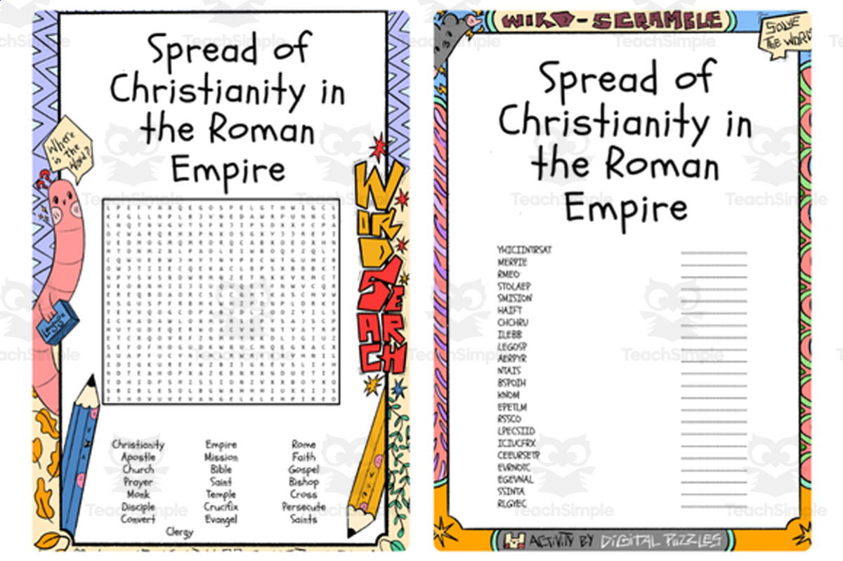 An educational teaching resource from Lapiiin Art Activities entitled Spread of Christianity in the Roman Empire word search & scramble downloadable at Teach Simple.