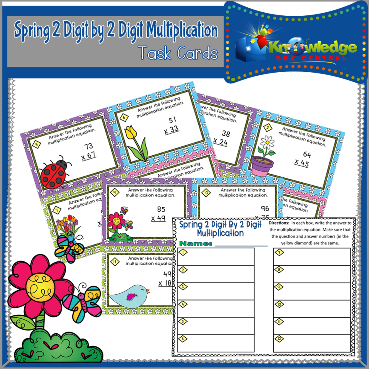 An educational teaching resource from Knowledge Box Central entitled Spring 2 Digit By 2 Digit Multiplication Task Cards With Response Sheet & Answer Key - EBOOK downloadable at Teach Simple.