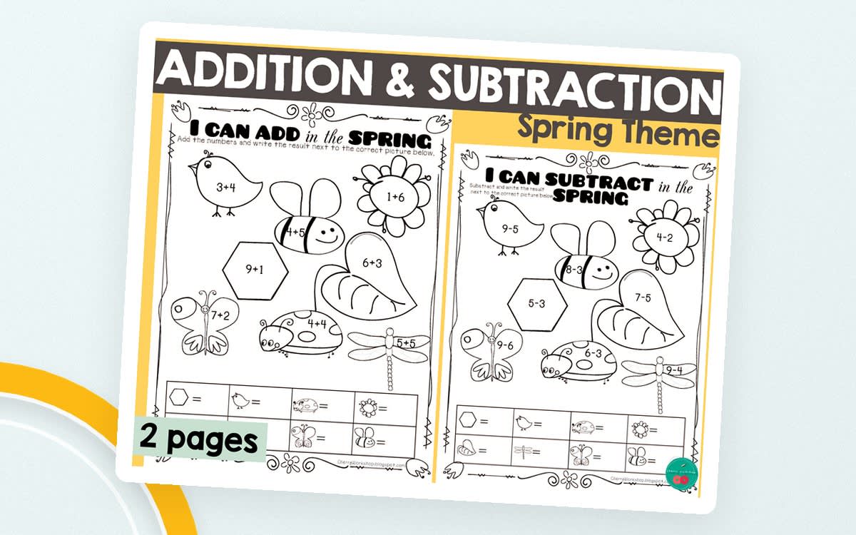An educational teaching resource from Cherry Workshop entitled Spring Addition & Subtraction Worksheets downloadable at Teach Simple.