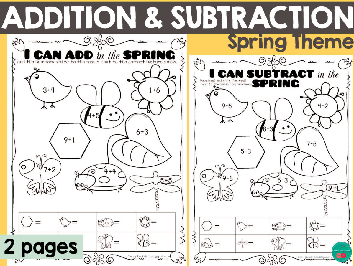 An educational teaching resource from Cherry Workshop entitled Spring Addition & Subtraction Worksheets downloadable at Teach Simple.