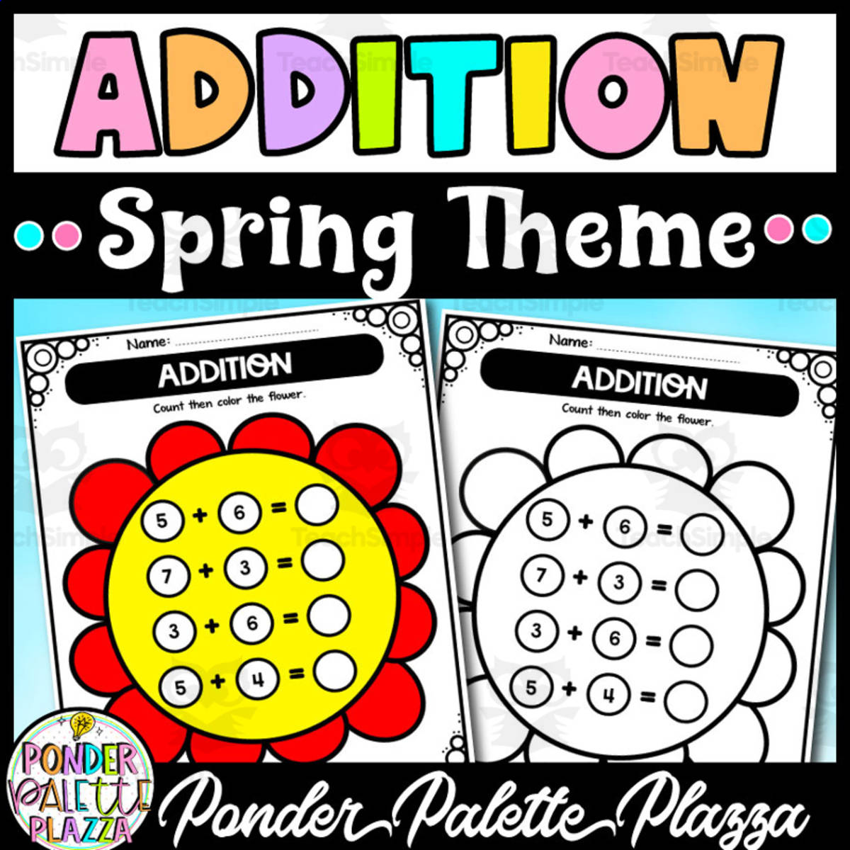 An educational teaching resource from Ponder Palette Plazza entitled Spring Addition Worksheets - Count then color downloadable at Teach Simple.