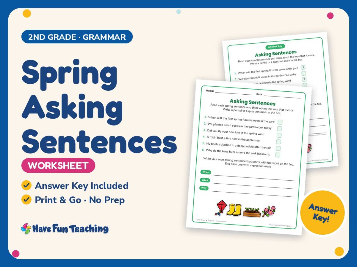 Spring Asking Sentences Worksheet – 2nd Grade Punctuation Practice preview