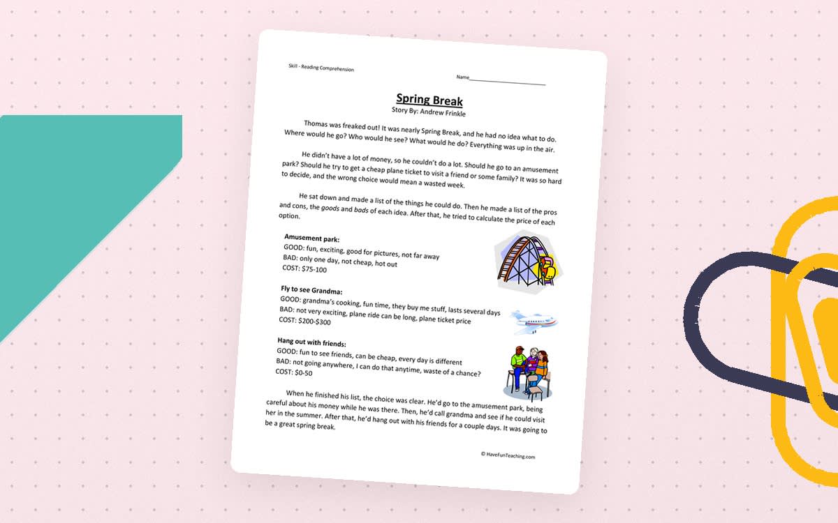 An educational teaching resource from Have Fun Teaching entitled Spring Break Reading Comprehension Worksheet downloadable at Teach Simple.