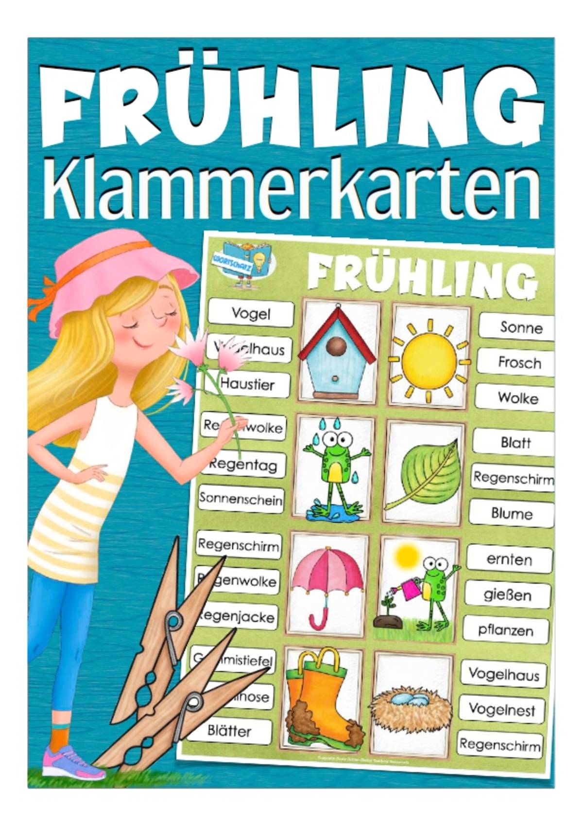An educational teaching resource from Better Teaching Resources entitled Spring Clip Cards for Practicing Spelling & Vocabulary (German) downloadable at Teach Simple.