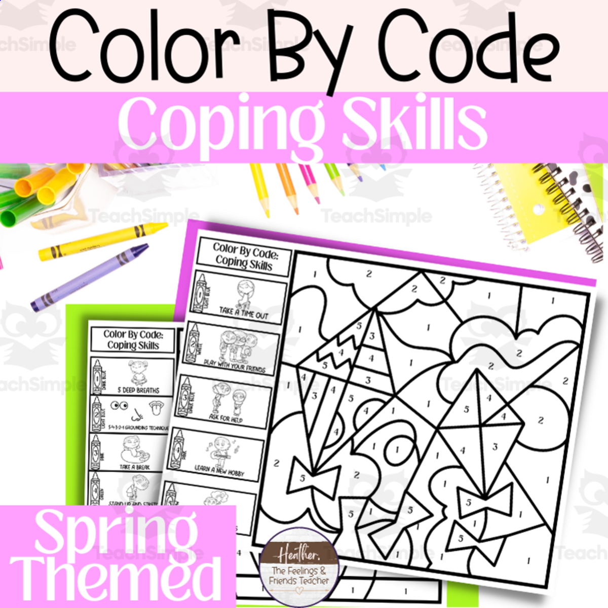 An educational teaching resource from The Feelings and Friends Teacher entitled Spring Color By Code | Coping Skills Activity Pack downloadable at Teach Simple.
