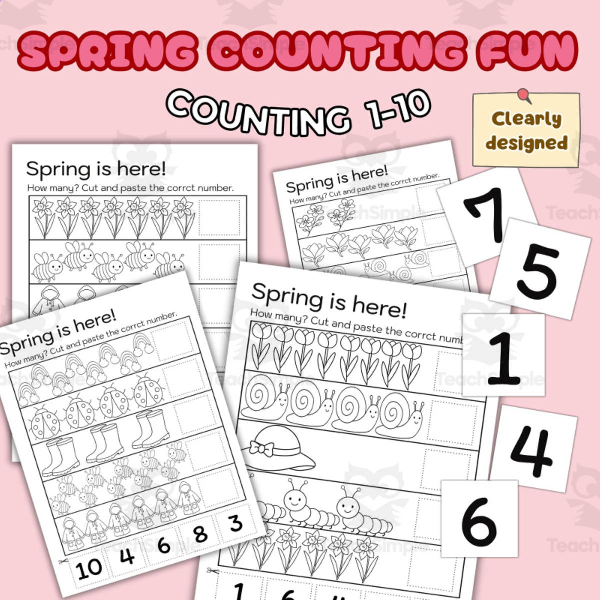 An educational teaching resource from Piix.Team entitled Spring Count, Cut and Pate (Numbers 1-10) downloadable at Teach Simple.