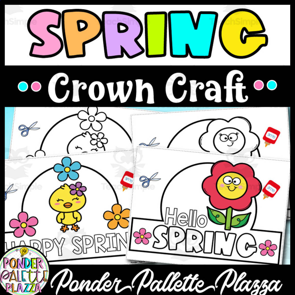 An educational teaching resource from Ponder Palette Plazza entitled Spring Crown Craft - Color, Cut and Glue downloadable at Teach Simple.