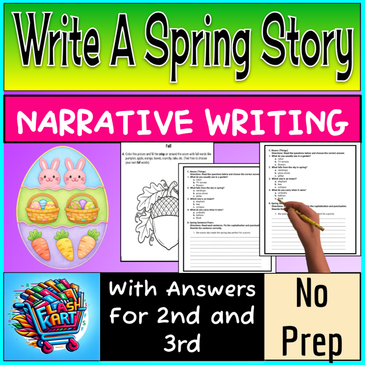 An educational teaching resource from FlashKart entitled Spring, Easter, & Fall Narrative Story Writing & Grammar for 2nd & 3rd downloadable at Teach Simple.