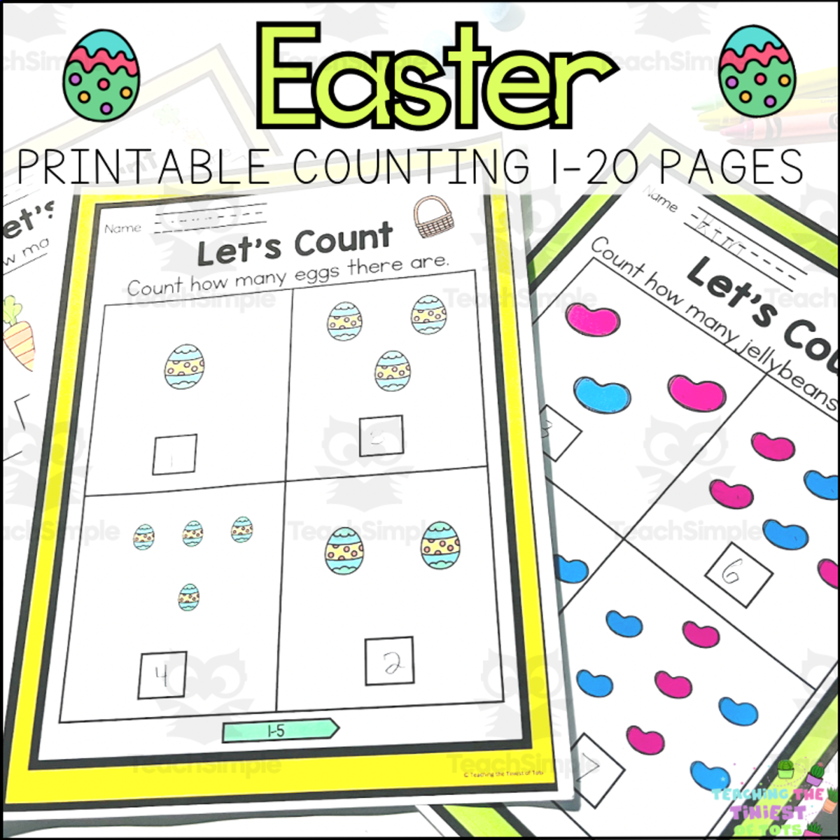 An educational teaching resource from Teaching the Tiniest of Tots entitled Spring Easter Kindergarten Worksheets Counting How Many 1-20 downloadable at Teach Simple.