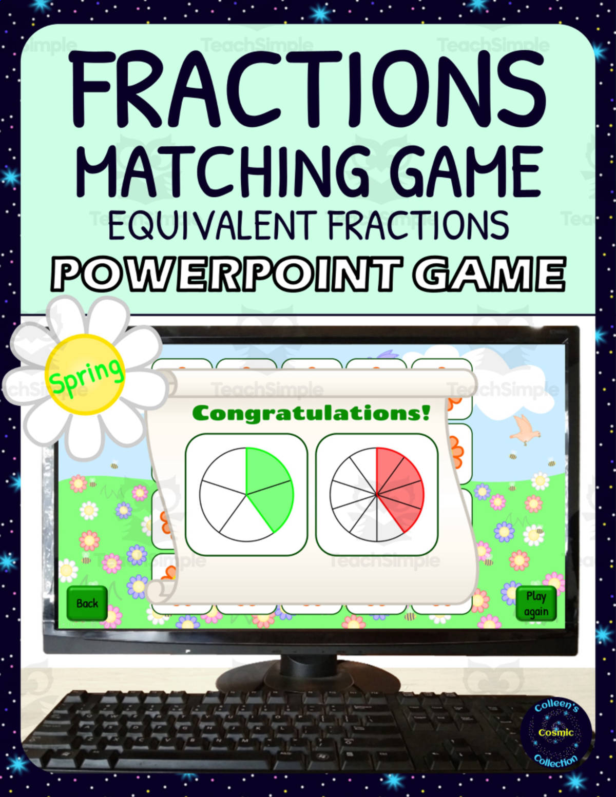 An educational teaching resource from Colleen's Cosmic Collection entitled Spring Equivalent Fractions Matching Game Activity - Digital - Fraction Circles downloadable at Teach Simple.