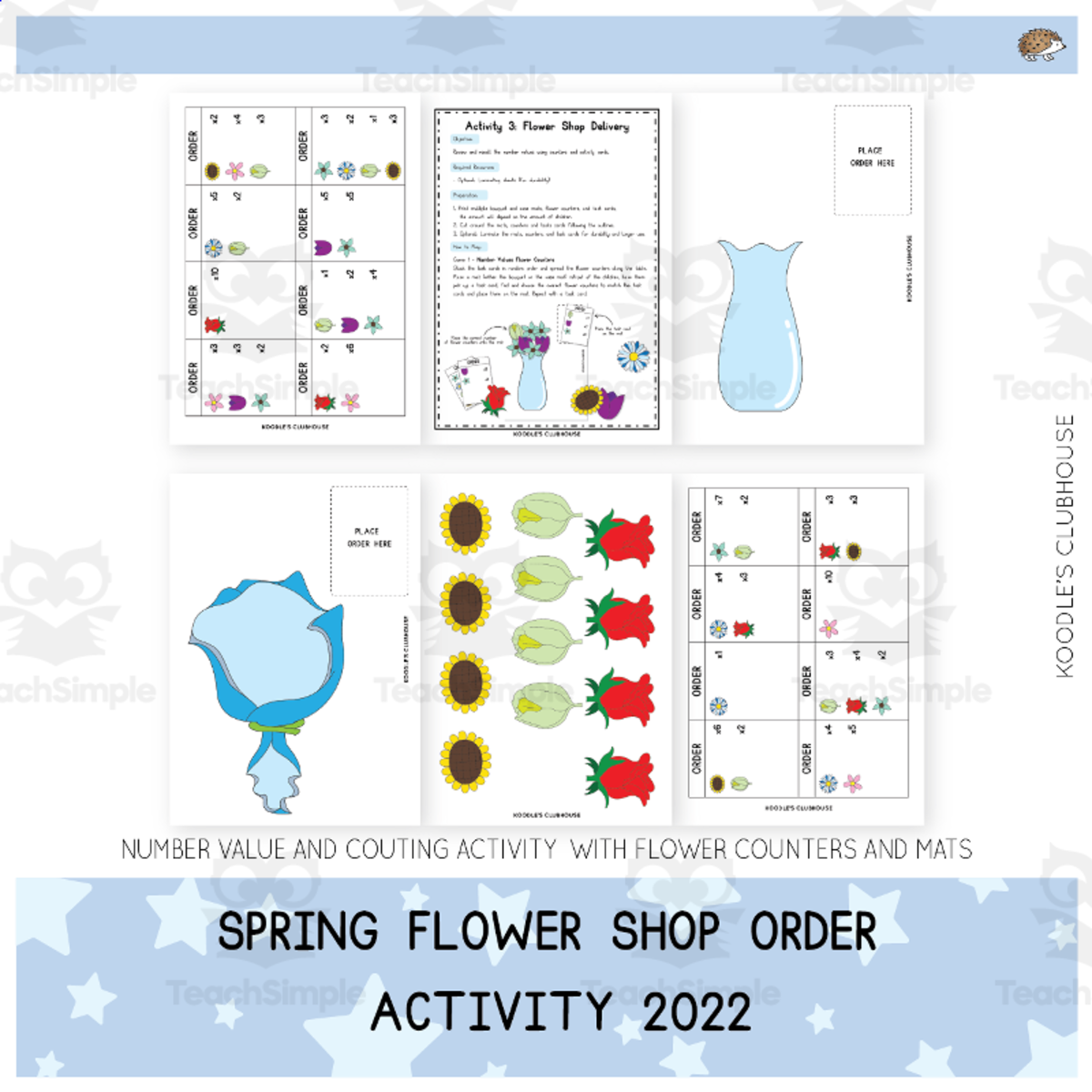 An educational teaching resource from Koodles Clubhouse entitled Spring Flower Number Activity downloadable at Teach Simple.