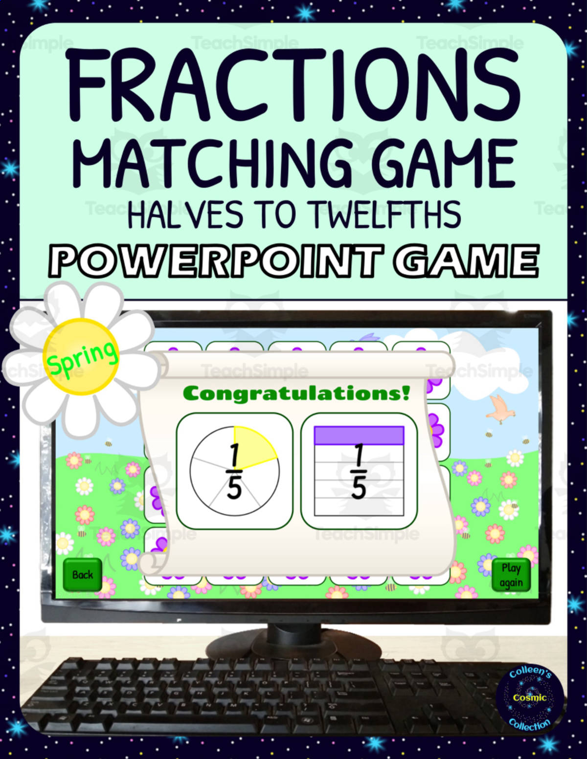 An educational teaching resource from Colleen's Cosmic Collection entitled Spring Fractions Matching Game Activity - 1/2s to 1/12s - Digital - Fraction Circles and Squares with Symbols downloadable at Teach Simple.