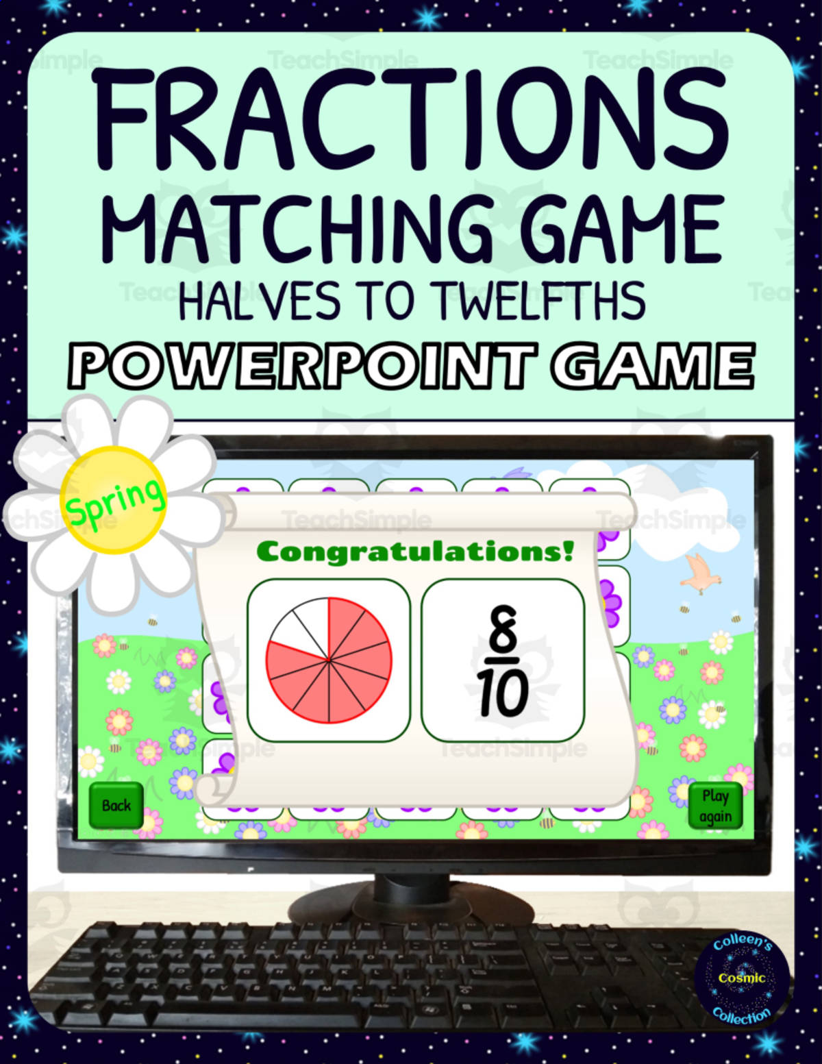 An educational teaching resource from Colleen's Cosmic Collection entitled Spring Fractions Matching Game Activity - 1/2s to 1/12s - Digital - Fraction Circles and Symbols downloadable at Teach Simple.