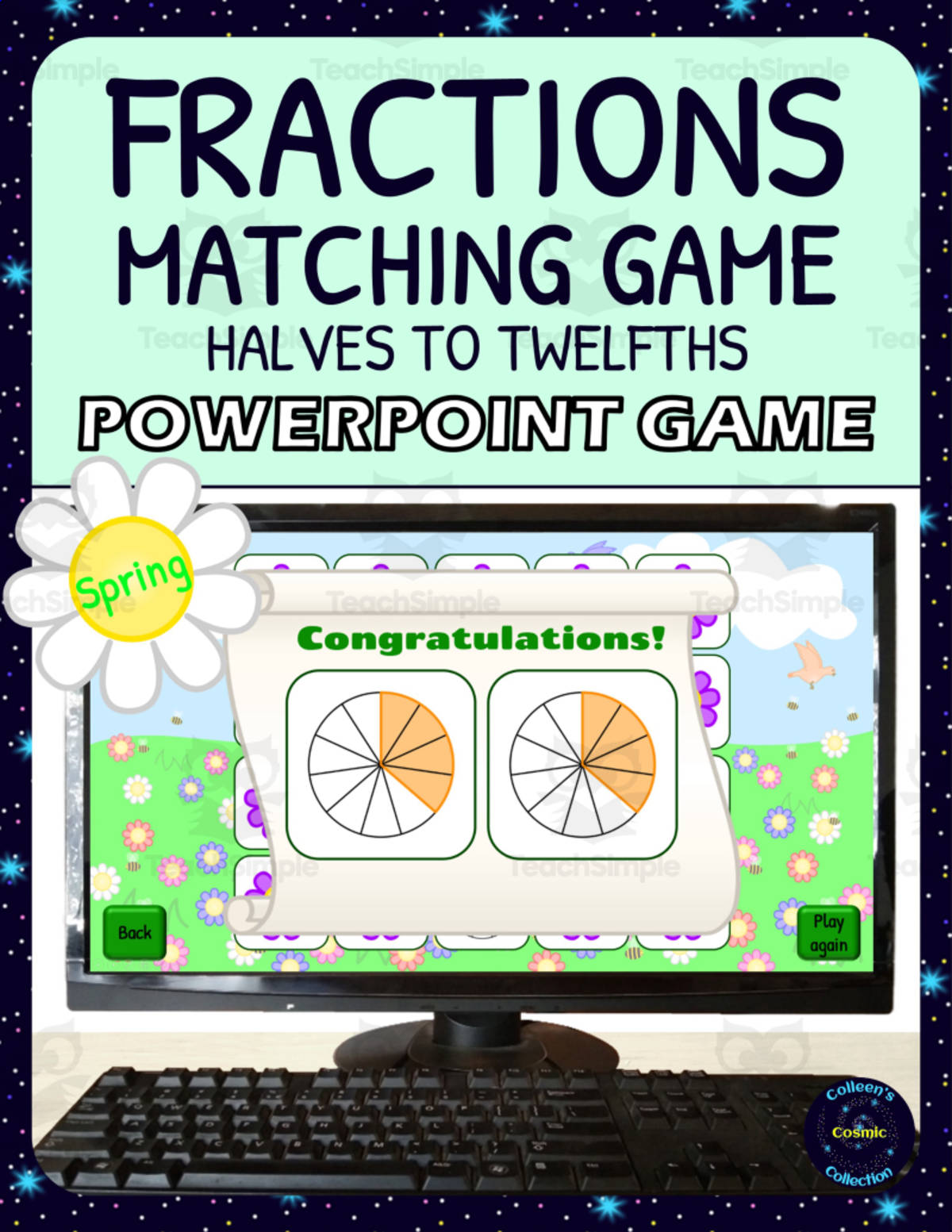 An educational teaching resource from Colleen's Cosmic Collection entitled Spring Fractions Matching Game Activity - 1/2s to 1/12s - Digital - Fraction Circles downloadable at Teach Simple.