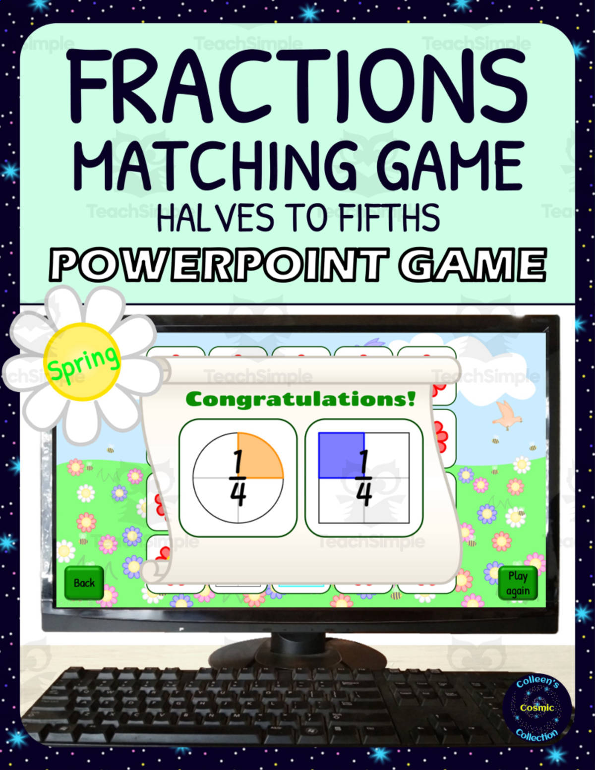 An educational teaching resource from Colleen's Cosmic Collection entitled Spring Fractions Matching Game Activity - 1/2s to 1/5s - Digital - Fraction Circles and Squares with Symbols downloadable at Teach Simple.