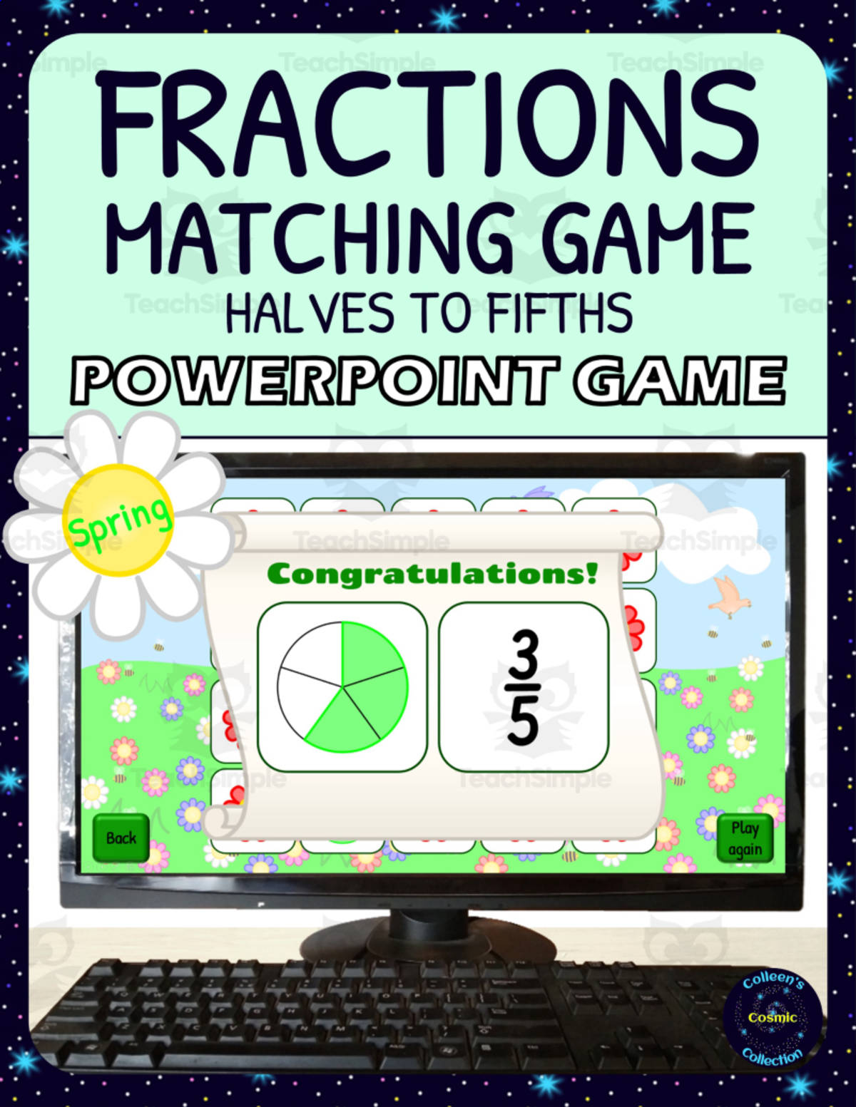 An educational teaching resource from Colleen's Cosmic Collection entitled Spring Fractions Matching Game Activity - 1/2s to 1/5s - Digital - Fraction Circles and Symbols downloadable at Teach Simple.