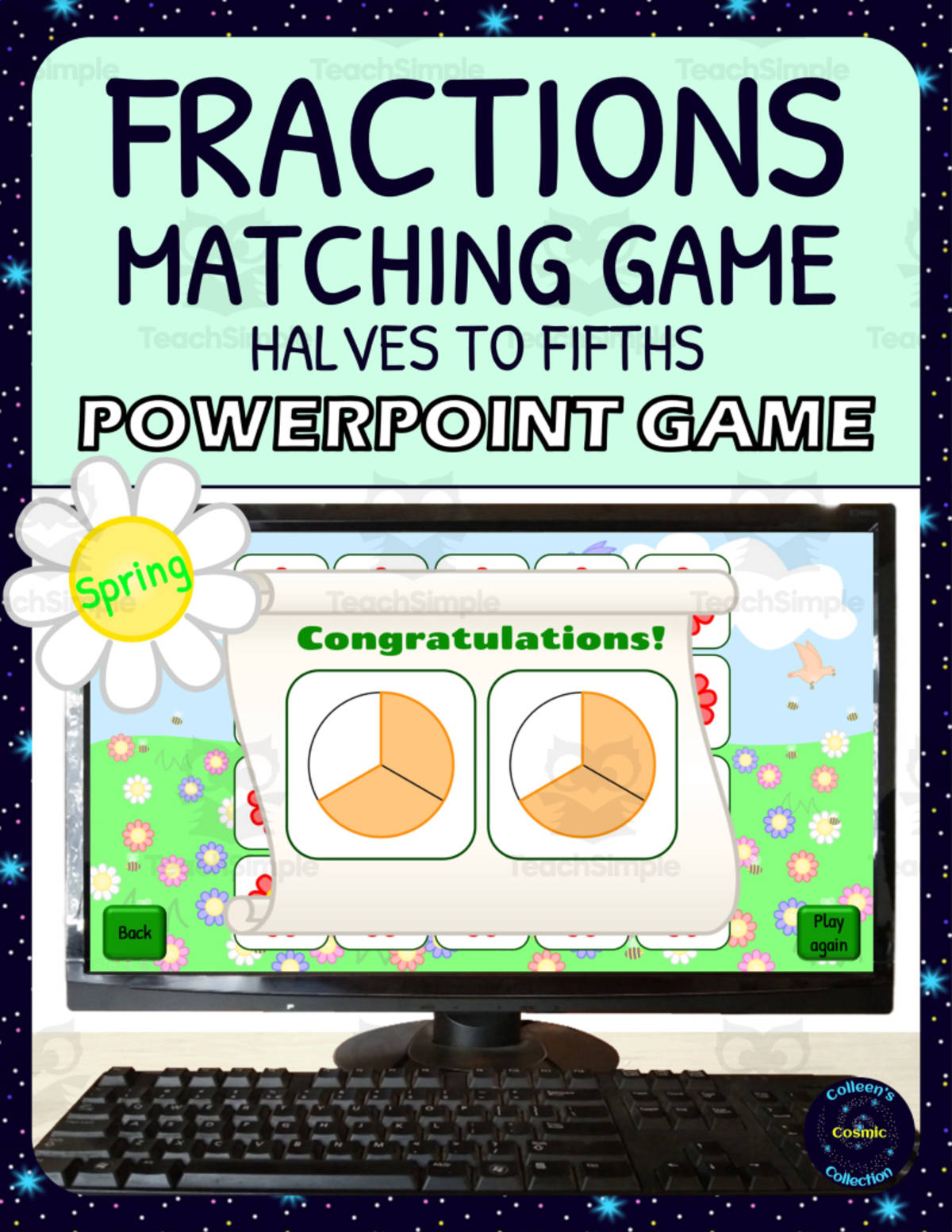 An educational teaching resource from Colleen's Cosmic Collection entitled Spring Fractions Matching Game Activity - 1/2s to 1/5s - Digital - Fraction Circles downloadable at Teach Simple.