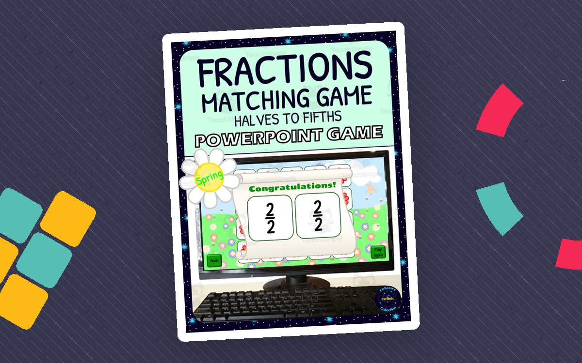 An educational teaching resource from Colleen's Cosmic Collection entitled Spring Fractions Matching Game Activity - 1/2s to 1/5s - Digital - Fraction Symbols downloadable at Teach Simple.