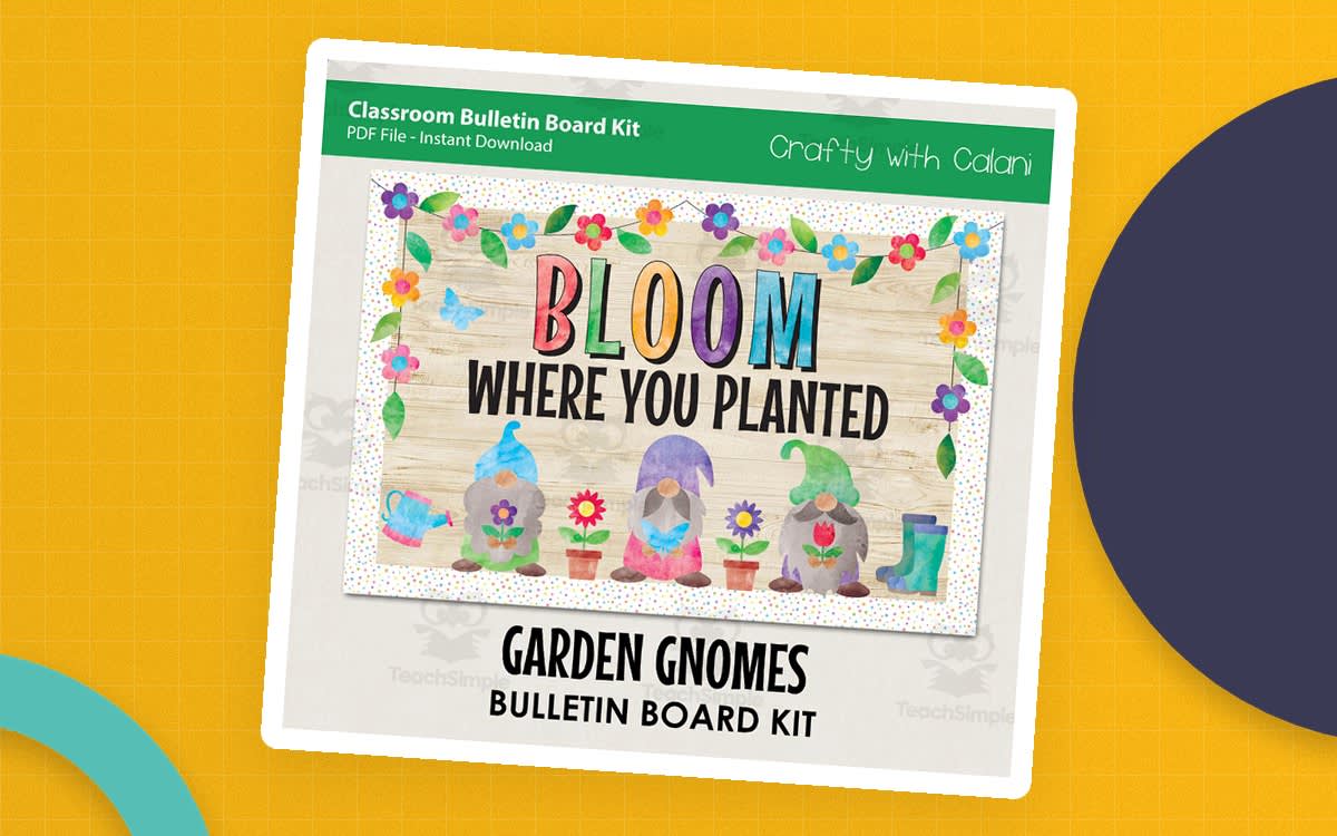 An educational teaching resource from Crafty with Calani entitled Spring Gnomes Bulletin Board – Classroom Decor Kit downloadable at Teach Simple.