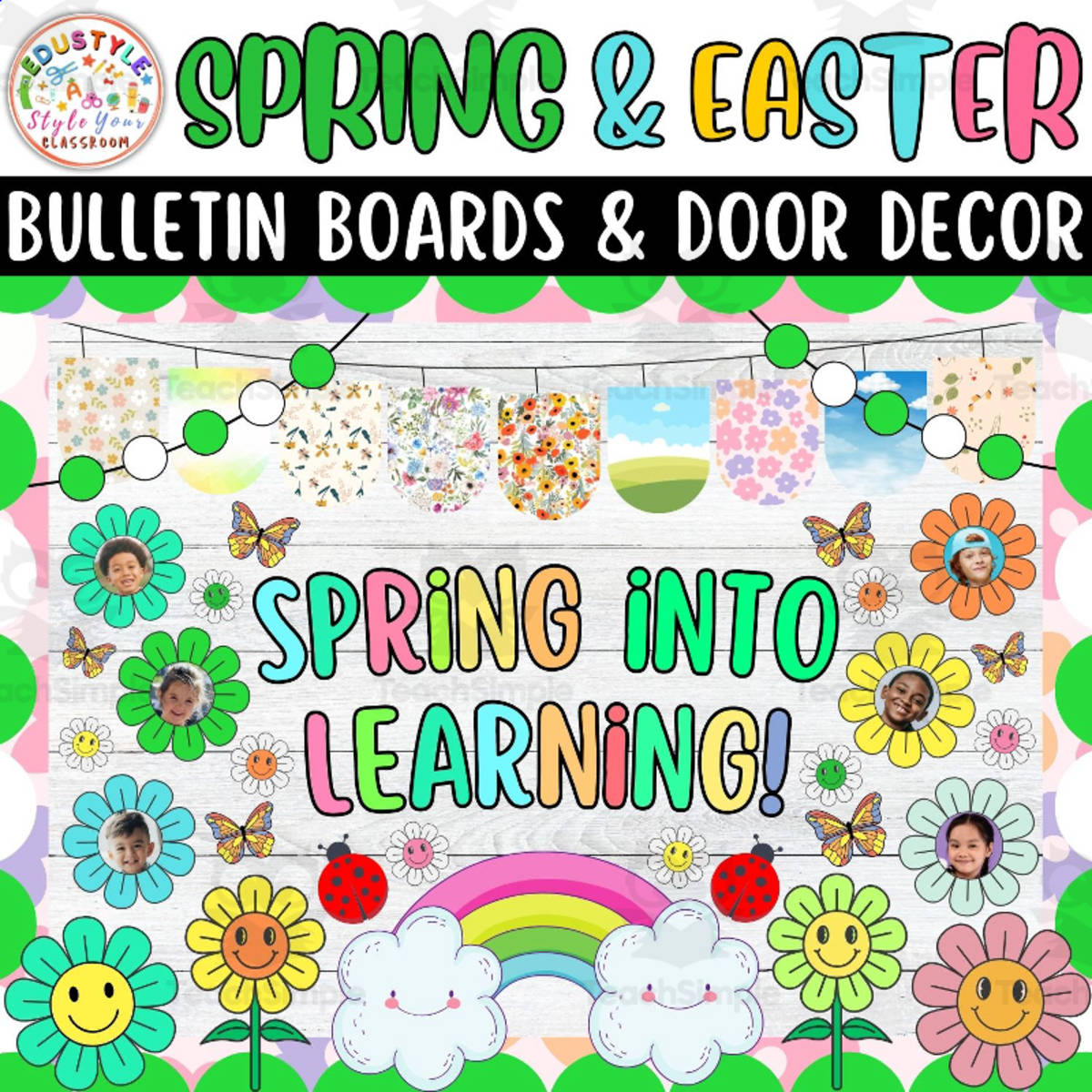 An educational teaching resource from Style Your Classroom entitled Spring into Learning! :Spring & Easter Bulletin Boards & Door Decor downloadable at Teach Simple.