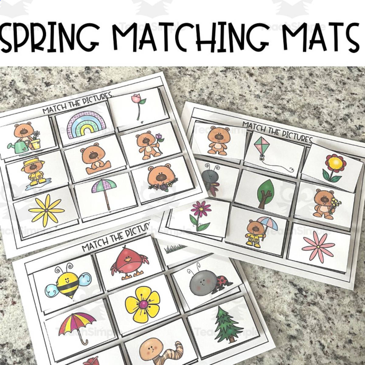 An educational teaching resource from JoyfulToddler entitled Spring Matching Picture Mats for Toddlers, Pre-K, Special Education downloadable at Teach Simple.