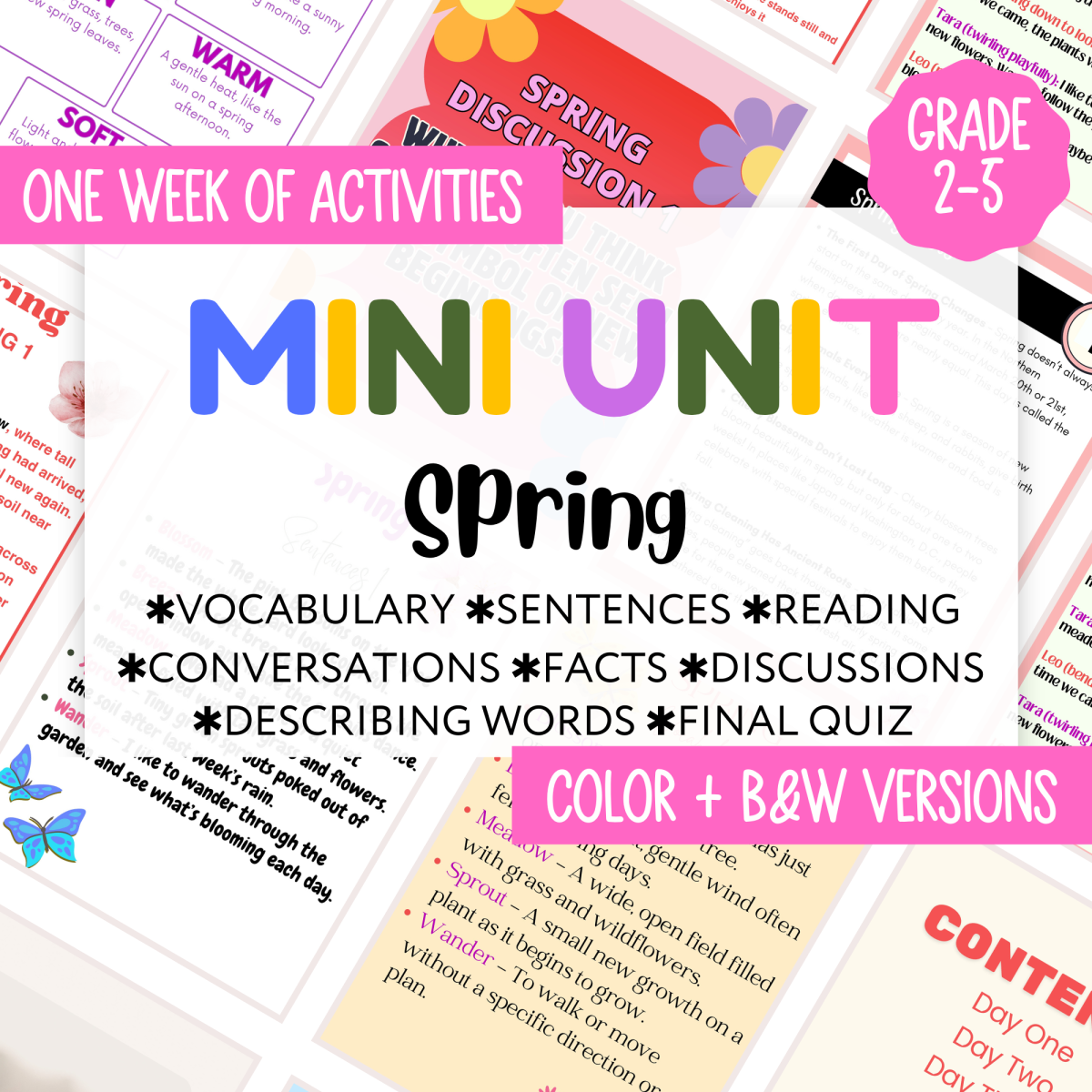 An educational teaching resource from Cored Education entitled Spring Mini Unit - Includes Reading, Vocabulary, Facts, Adjectives PDF downloadable at Teach Simple.