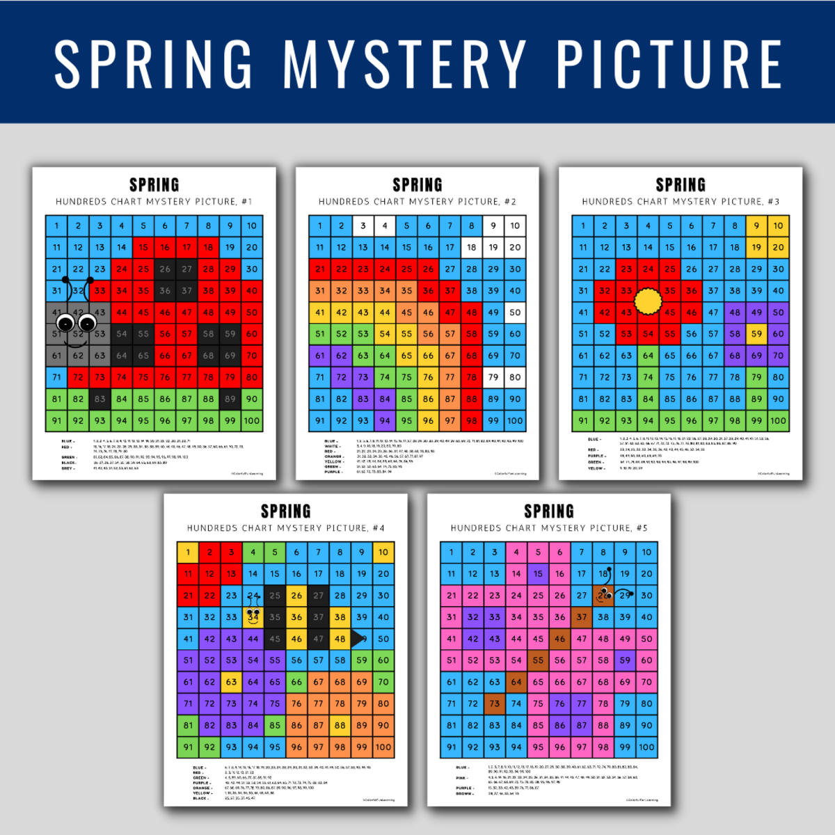An educational teaching resource from Colorful Fun Learning entitled Spring Mystery Picture, Hundreds Chart, Color By Number, 100s Chart downloadable at Teach Simple.
