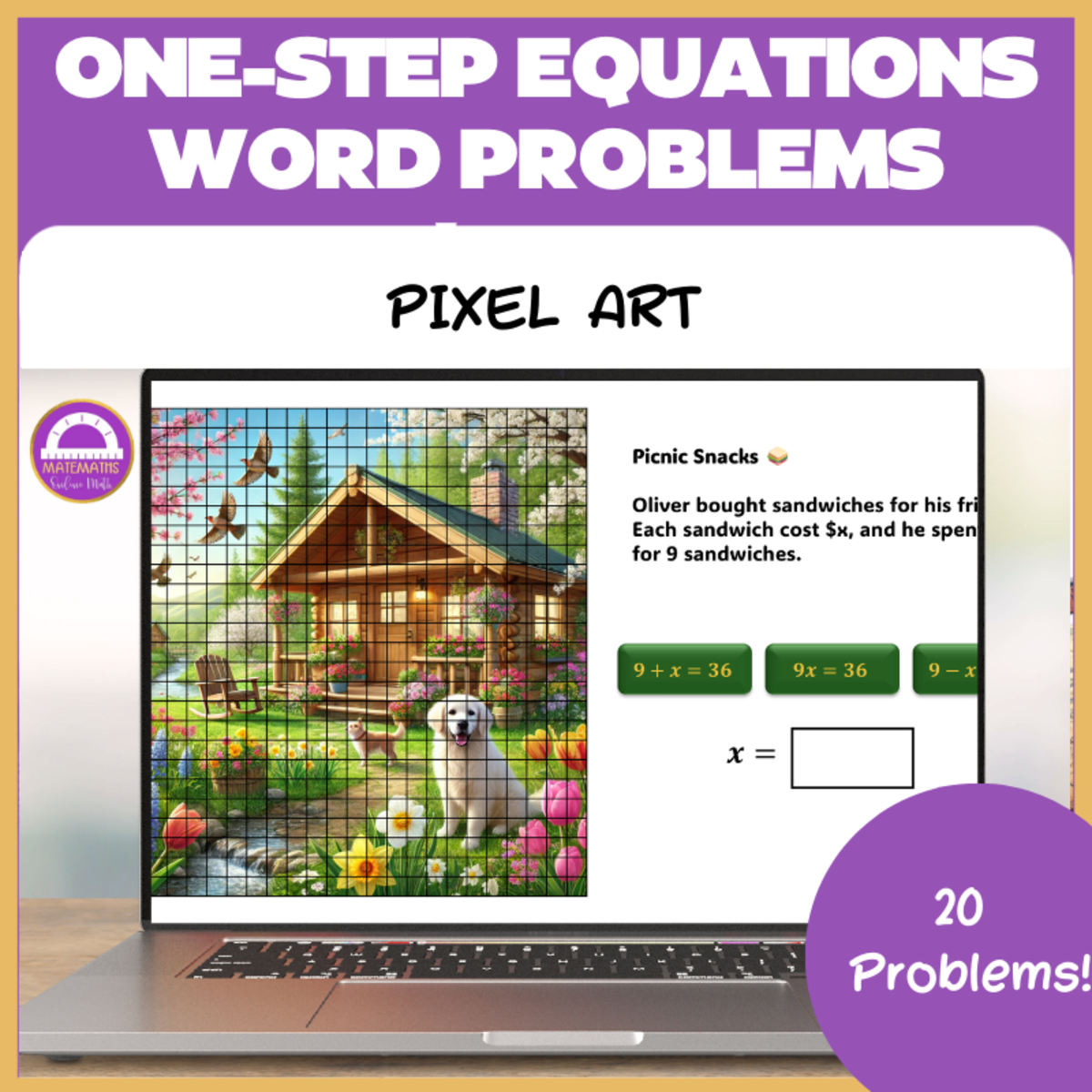 An educational teaching resource from Matemaths entitled Spring One Step Equations Word Problems Pixel Art and Task Cards downloadable at Teach Simple.