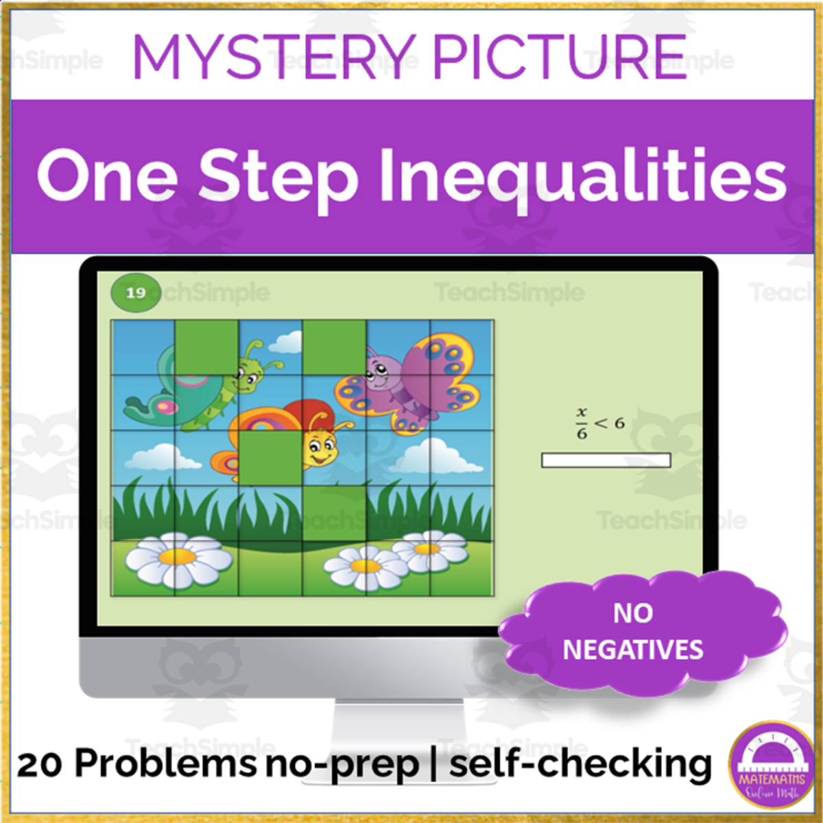 An educational teaching resource from Matemaths entitled Spring One Step Inequalities No Negatives | Mystery Picture Digital Activity downloadable at Teach Simple.