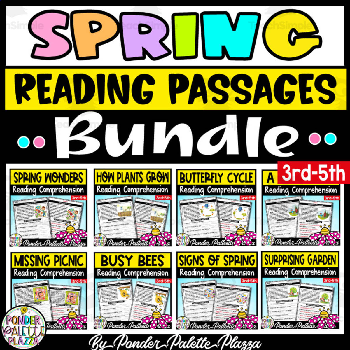 An educational teaching resource from Ponder Palette Plazza entitled Spring Reading Comprehension Passages + Answers  | 3rd-5th downloadable at Teach Simple.