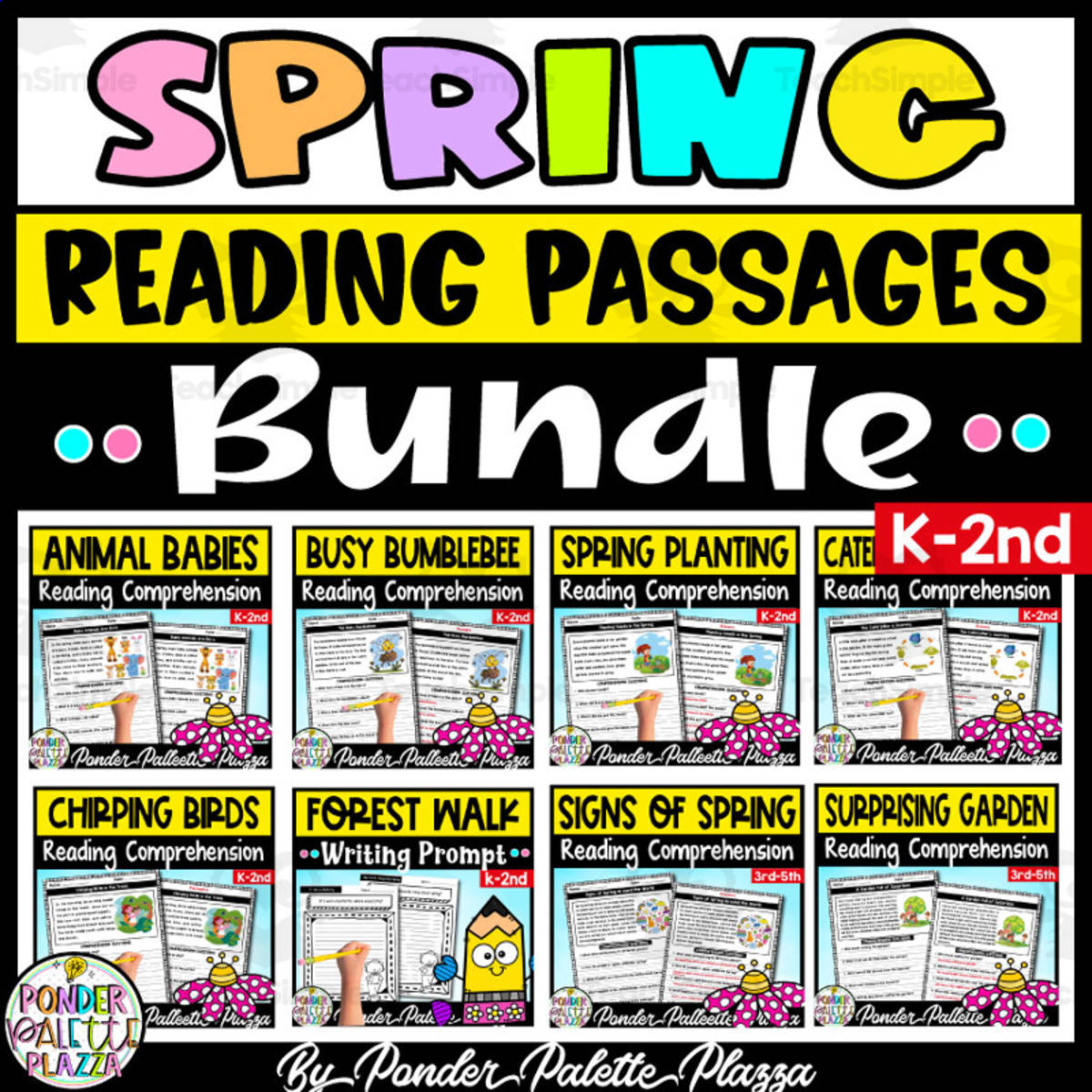 An educational teaching resource from Ponder Palette Plazza entitled Spring Reading Comprehension Passages + Answers | K-2nd downloadable at Teach Simple.