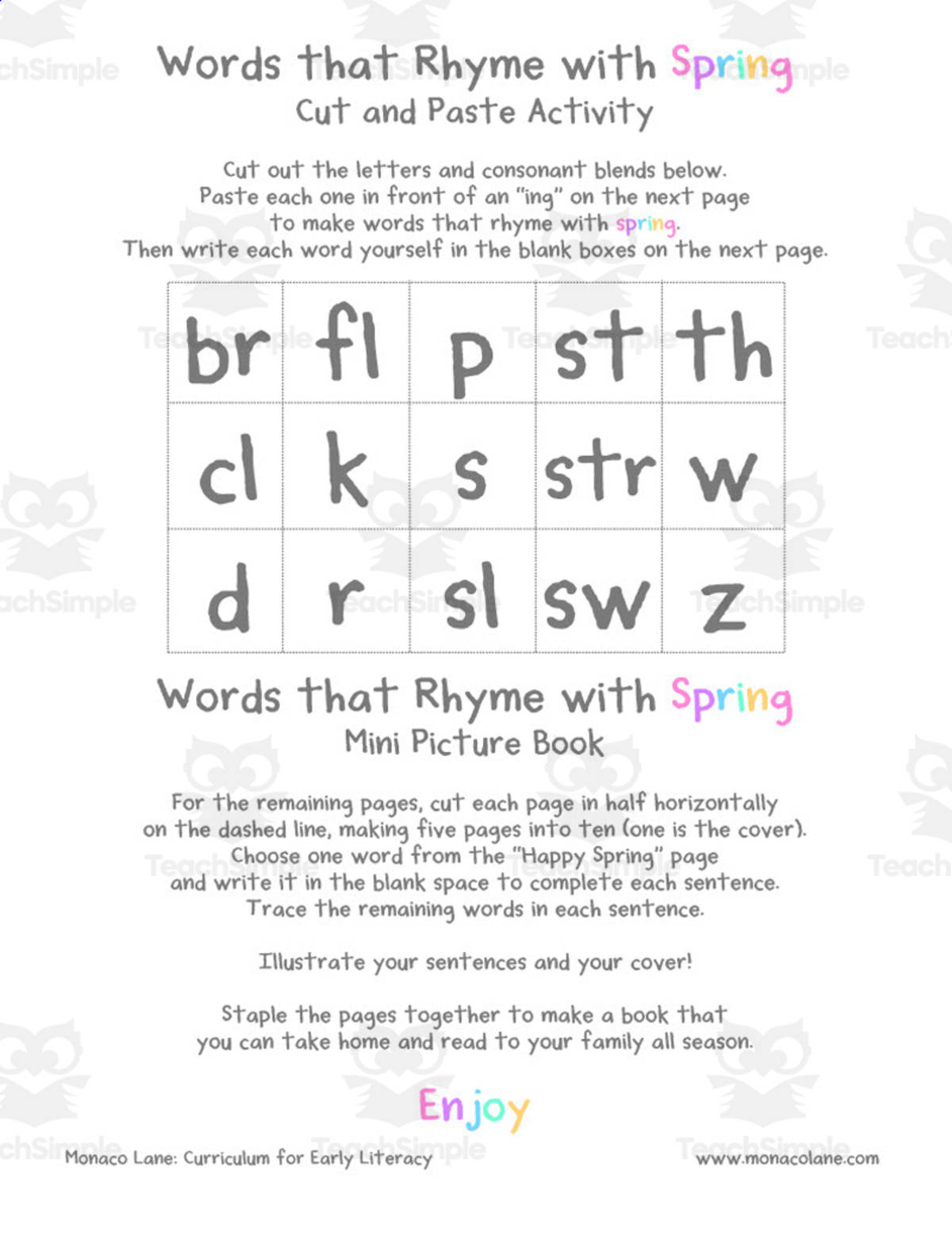 An educational teaching resource from Monaco Lane Curriculum for Early Literacy entitled Spring Rhyming Words Activity downloadable at Teach Simple.