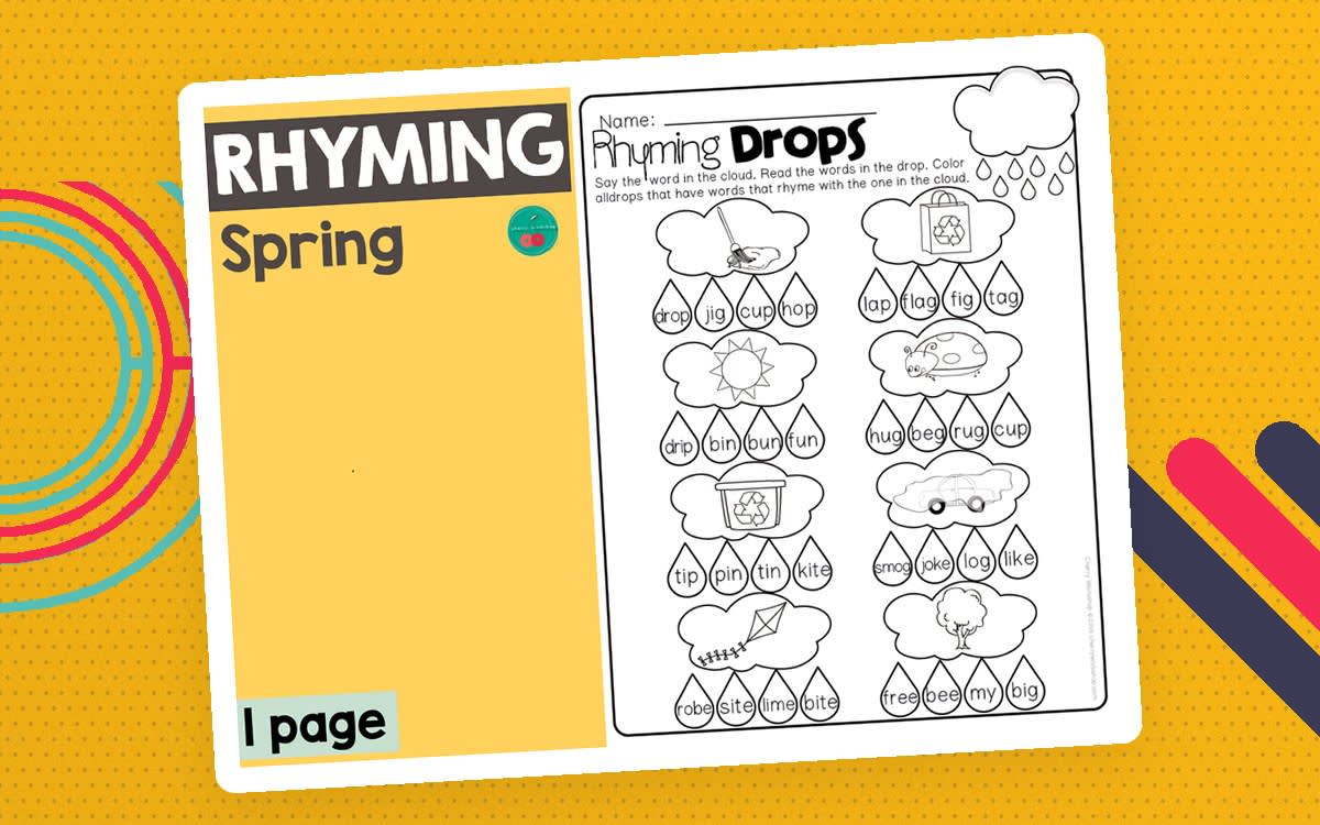 An educational teaching resource from Cherry Workshop entitled Spring Rhyming Worksheet – Phonics Practice downloadable at Teach Simple.