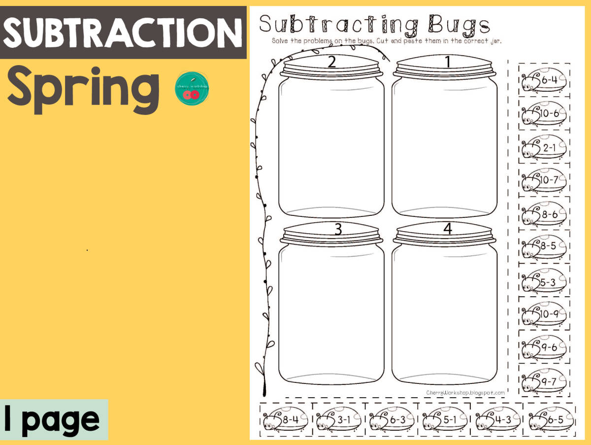 An educational teaching resource from Cherry Workshop entitled Spring Subtraction 1-10 downloadable at Teach Simple.