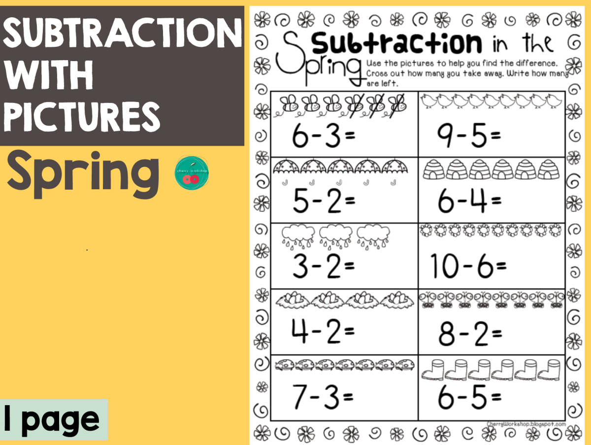 An educational teaching resource from Cherry Workshop entitled Spring Subtraction With Pictures downloadable at Teach Simple.
