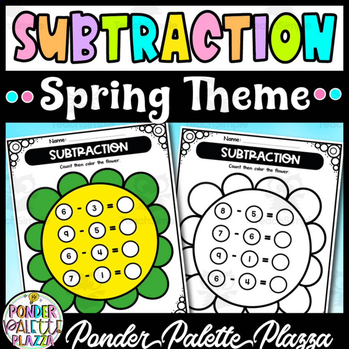 An educational teaching resource from Ponder Palette Plazza entitled Spring Subtraction Worksheets - Count then Color downloadable at Teach Simple.