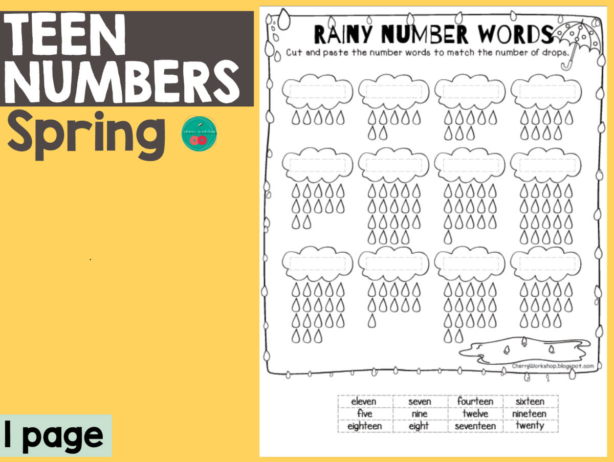 An educational teaching resource from Cherry Workshop entitled Spring Teen Number Words downloadable at Teach Simple.