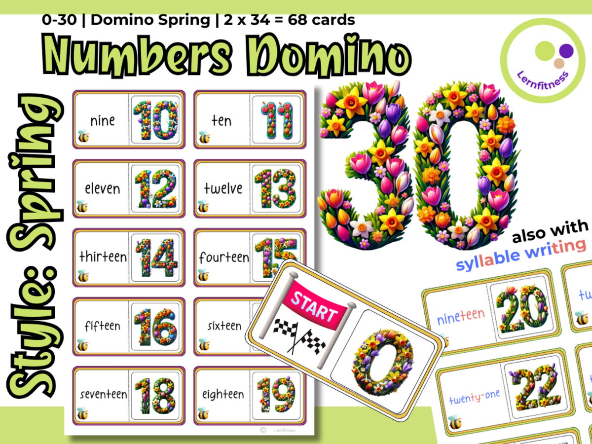 An educational teaching resource from Lernfitness entitled Spring-Themed Numbers Domino Game: Fun Learning for Elementary and ESL downloadable at Teach Simple.