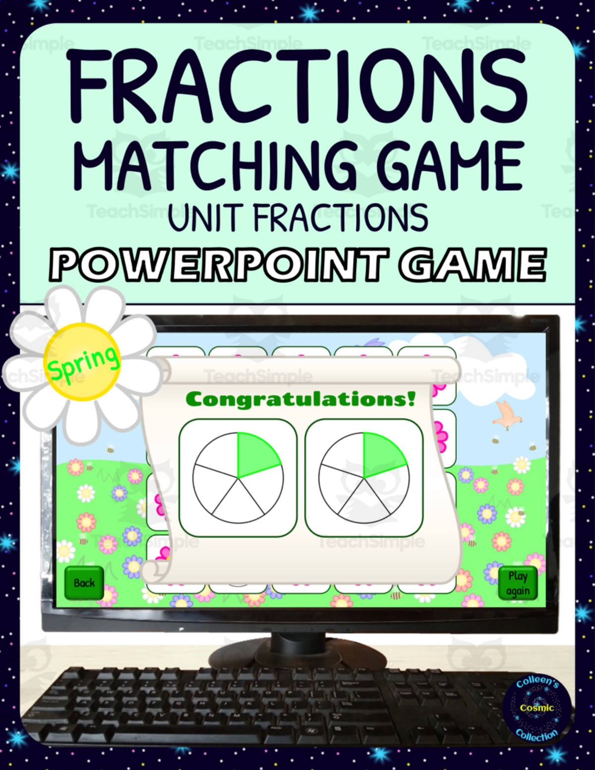 An educational teaching resource from Colleen's Cosmic Collection entitled Spring Unit Fractions Matching Game Activity - Digital - Fraction Circles downloadable at Teach Simple.